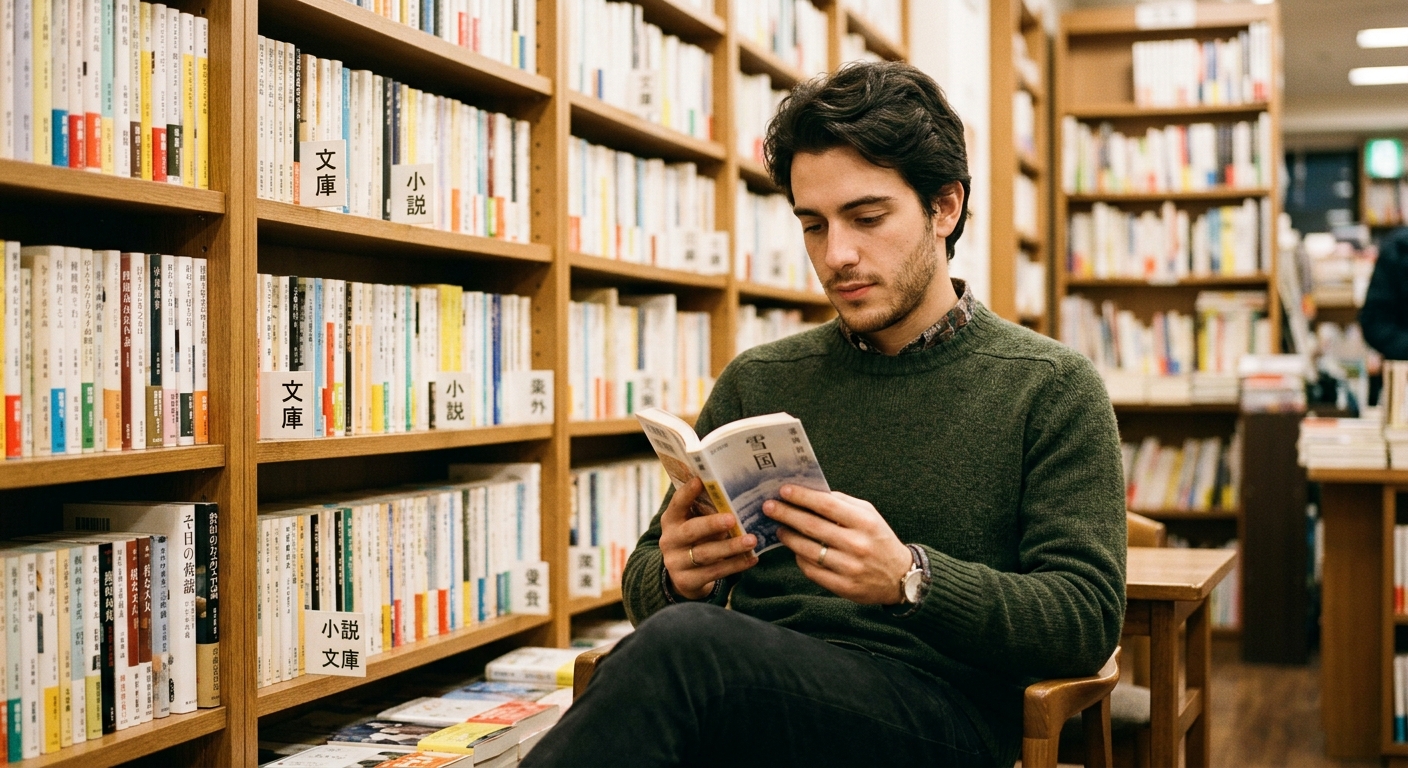Joven castellano leyendo una novela japonesa en una librería acogedora