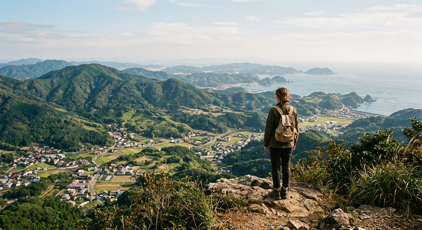 Viajero contemplando un paisaje japonés variado de montañas y costa, la diversidad regional de Japón