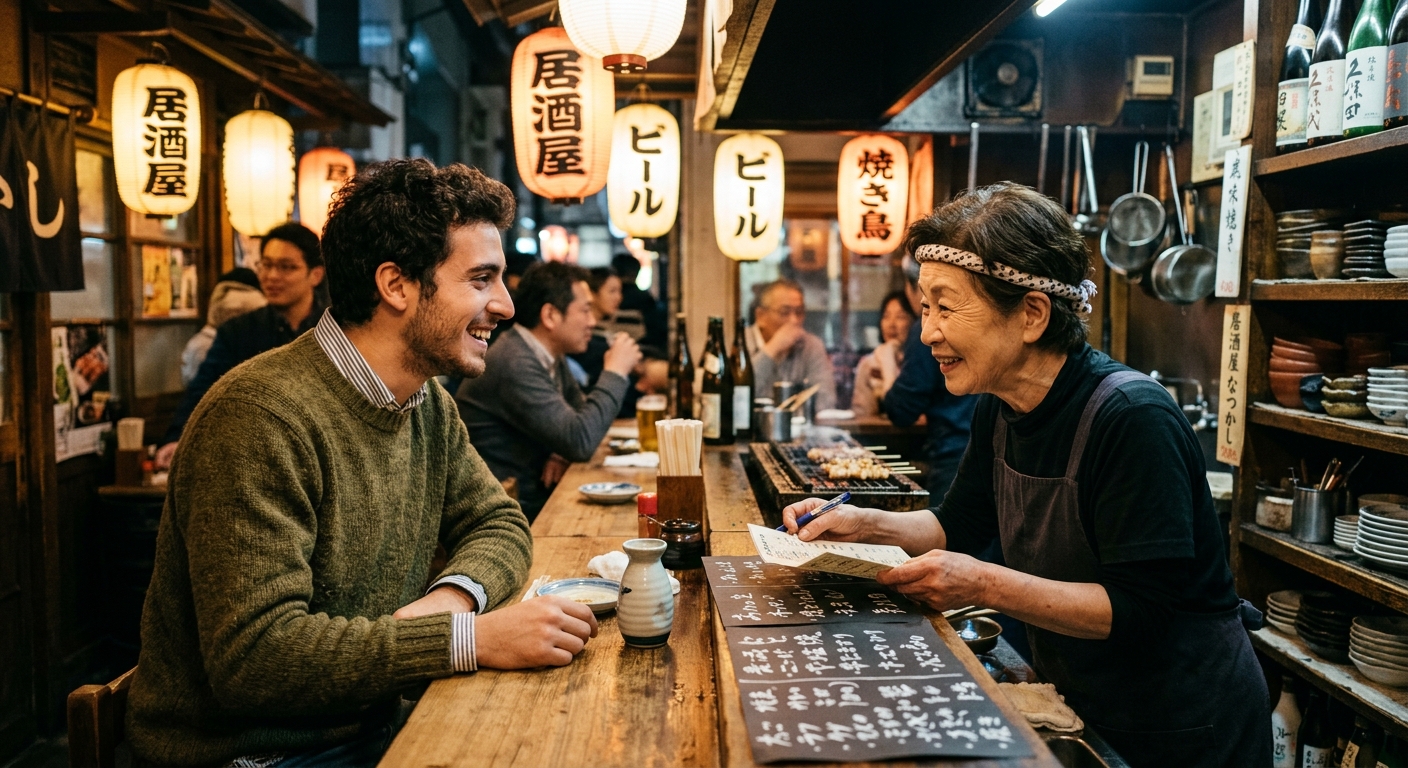 Joven castellano pidiendo comida en una izakaya de Tokio con una sonrisa natural