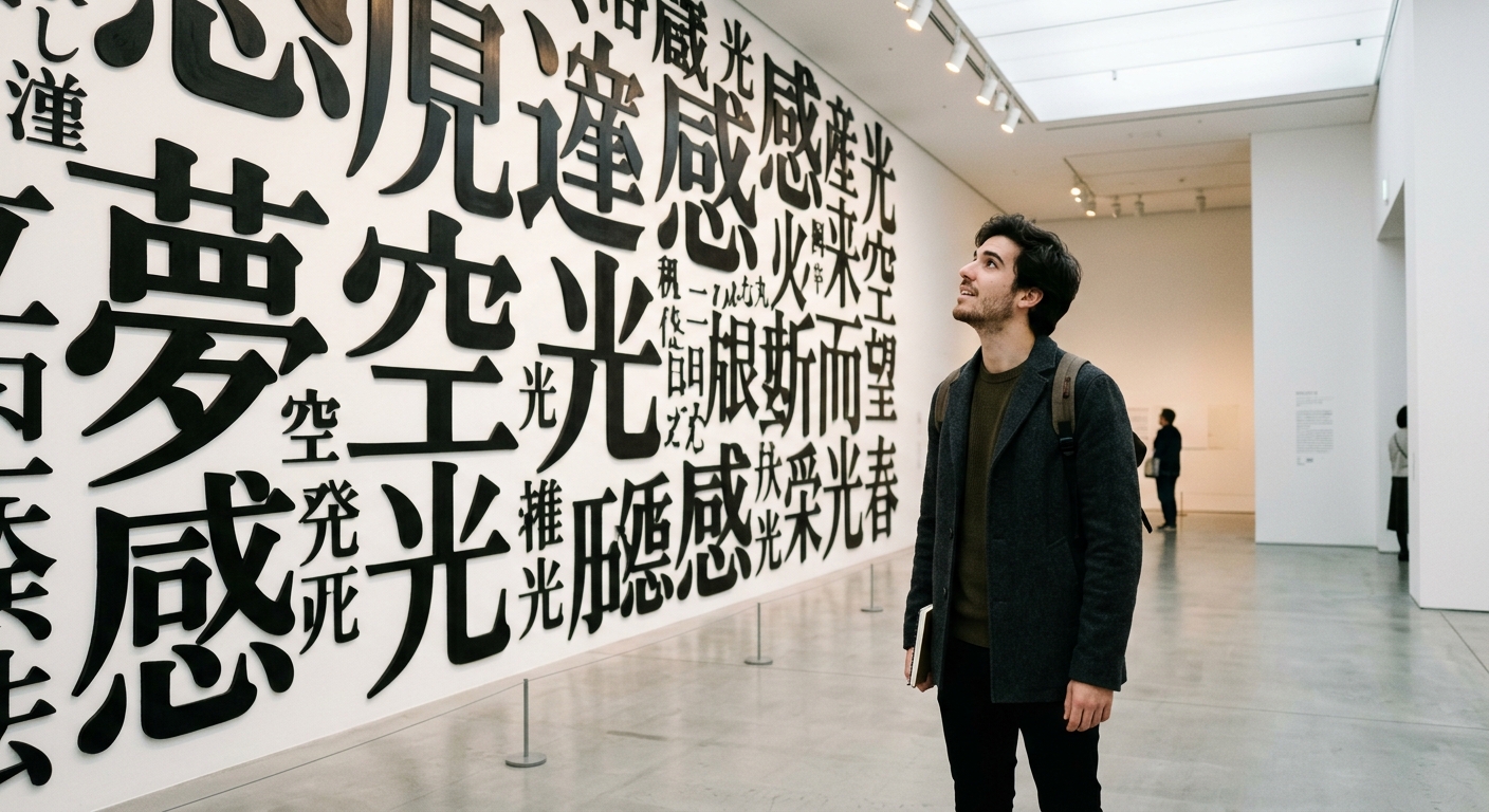 Joven castellano admirando arte de kanji en museo moderno de Tokio