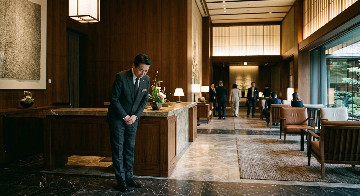 Conserje de hotel de lujo japonés realizando una elegante reverencia
