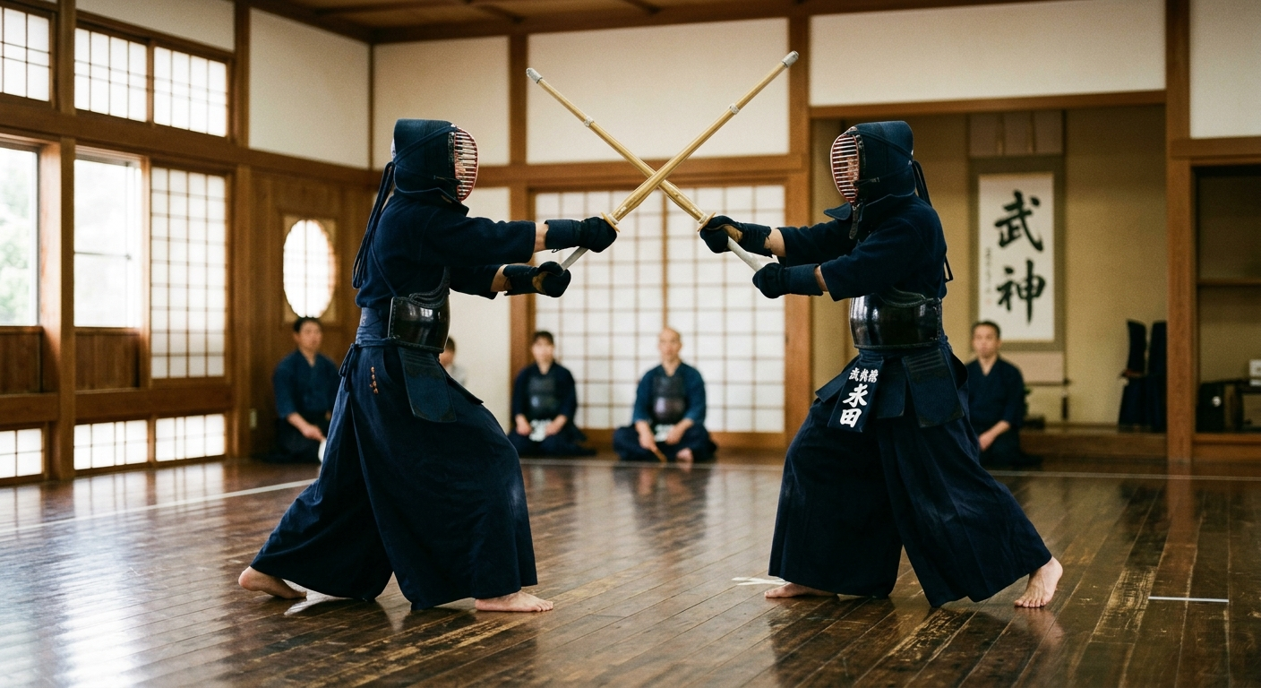 Dos practicantes de kendō con armadura bogu enfrentándose con sus shinai en un dojo, kendō judō y aikidō