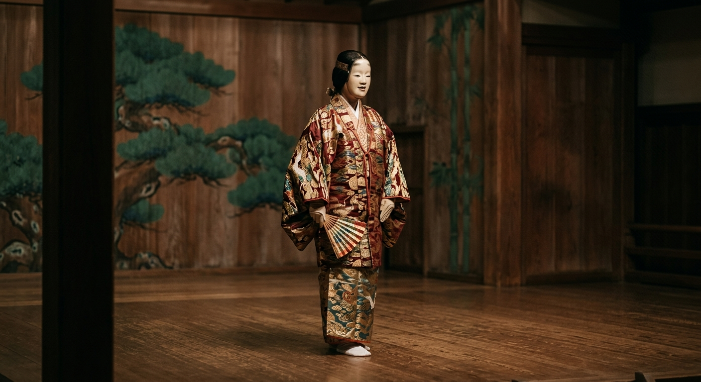 Actor de teatro nō con máscara tallada y vestuario de brocado sobre el escenario, el teatro clásico japonés