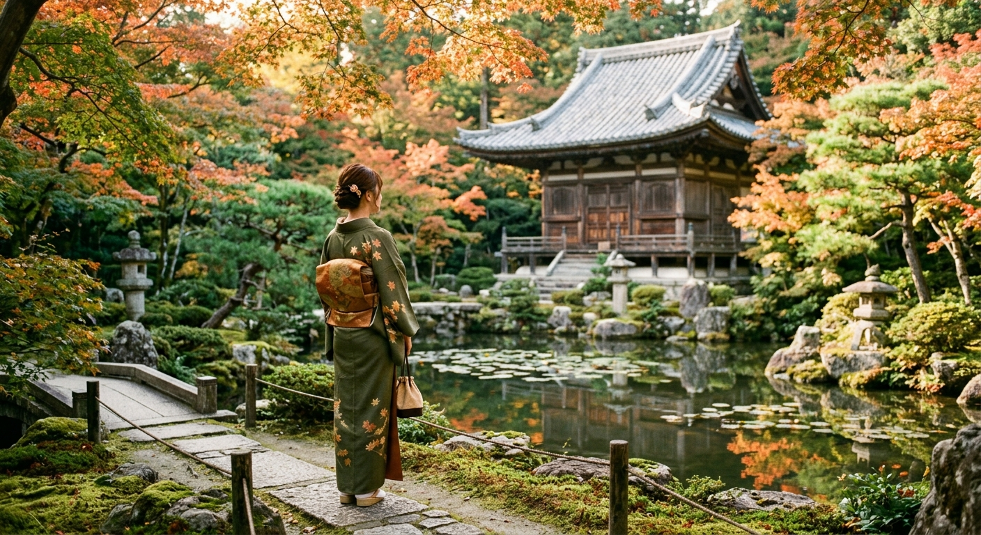 Mujer japonesa con kimono contemplando un jardín tradicional japonés, símbolo del patrimonio cultural de Japón