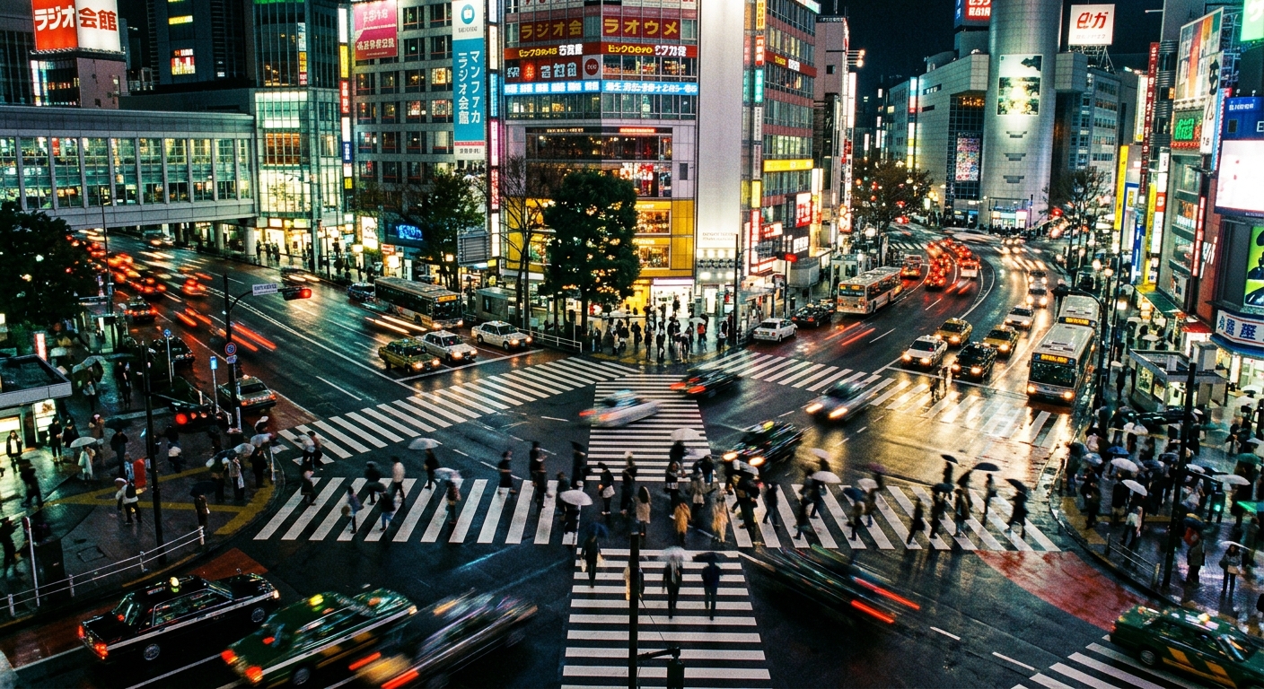 Intersección de Tokio de noche con semáforos controlando el flujo
