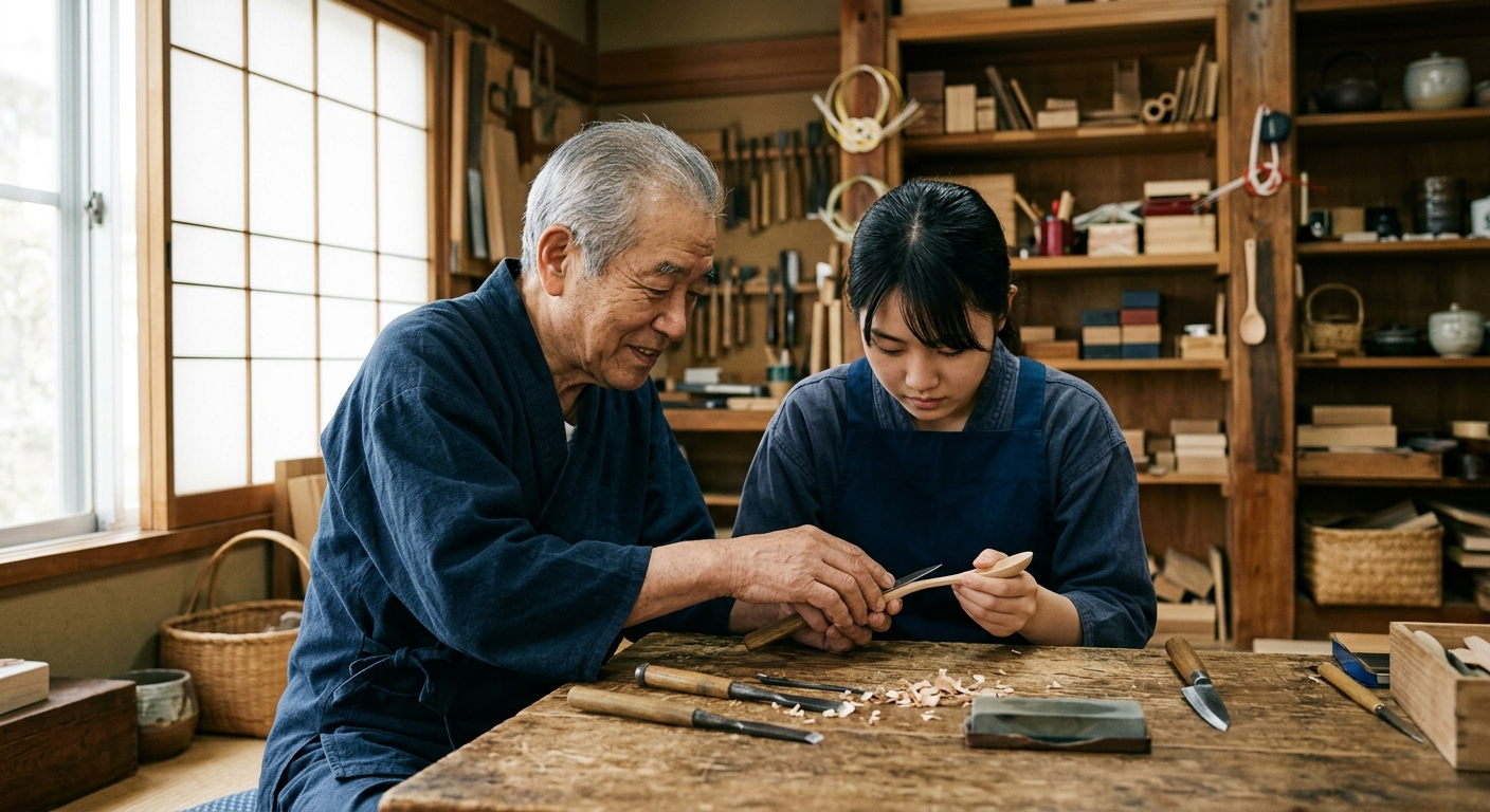 Maestro artesano japonés mayor guiando las manos de un joven aprendiz, la preservación de las artesanías entre maestros y aprendices