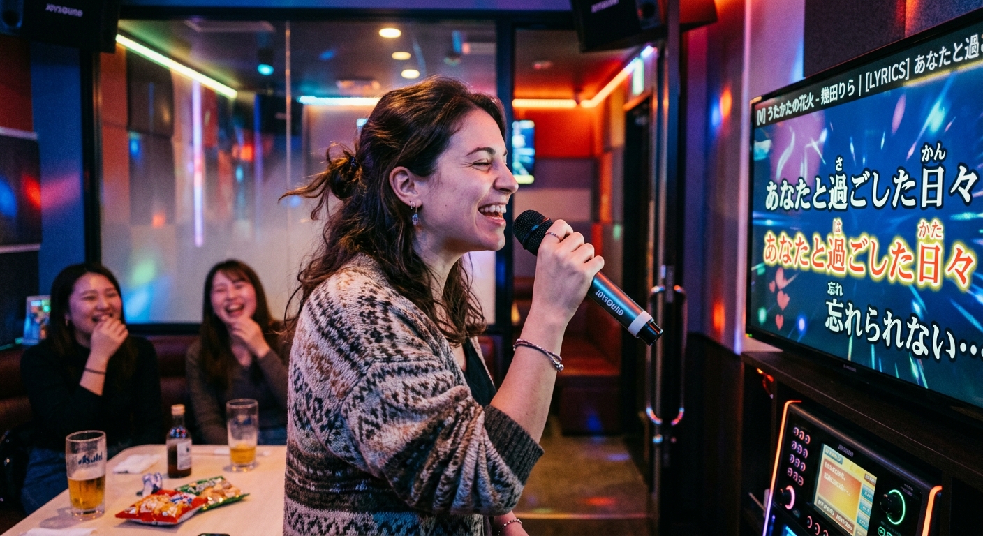 Joven castellana cantando una canción japonesa en un karaoke