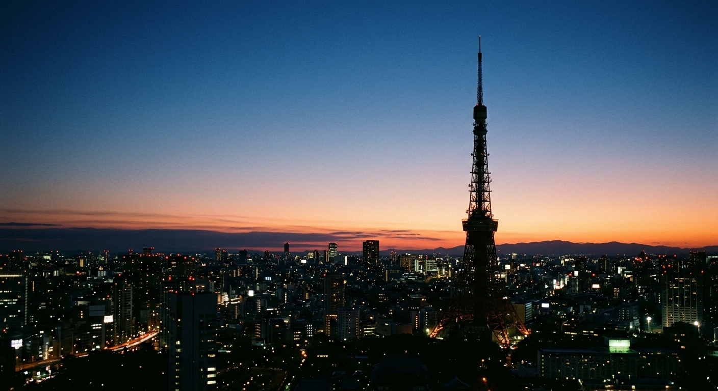 Tokyo Tower al amanecer con cielo pasando de noche a día