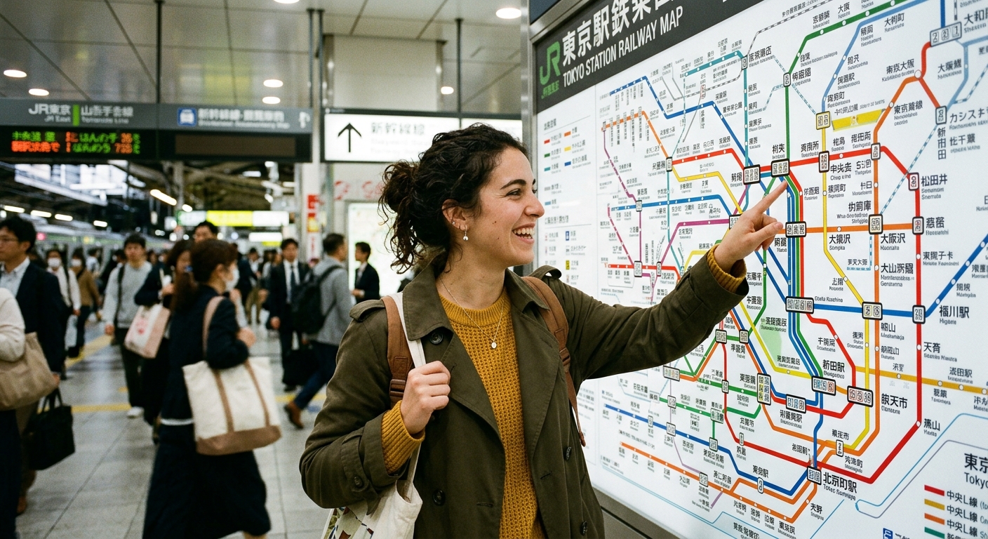 Joven castellana frente a mapa de rutas en estación de Tokio