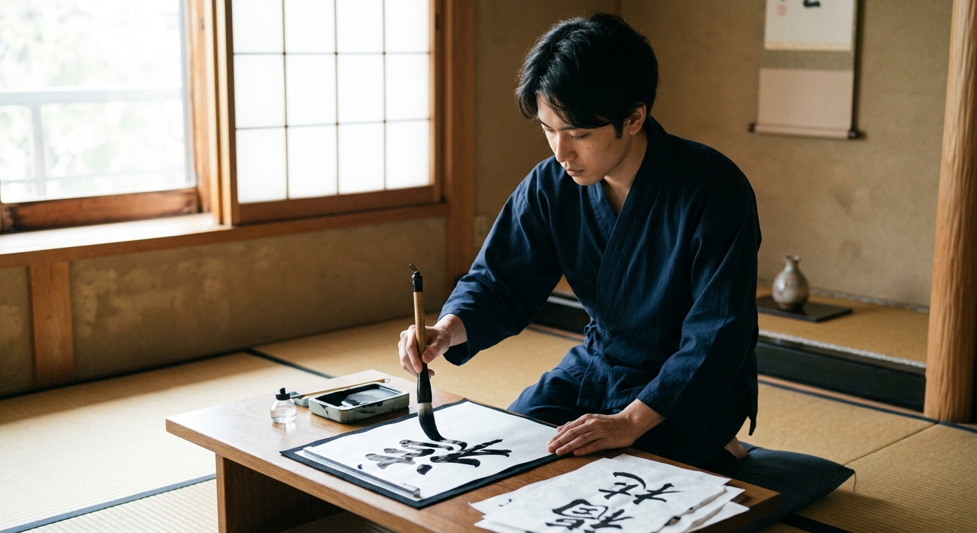 Hombre japonés trazando un carácter con pincel sobre papel washi, la caligrafía meditativa del shodou