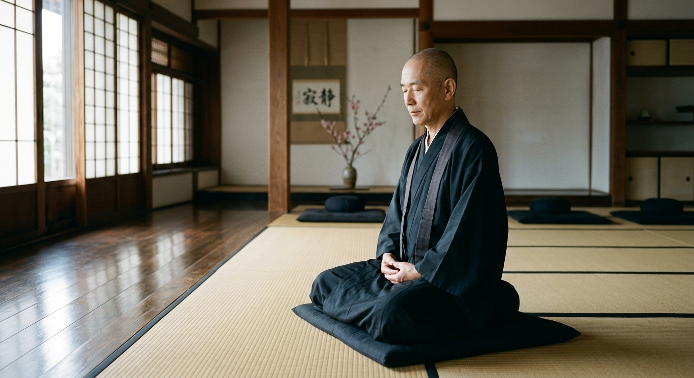 Monje zen meditando en zazen en una sala de meditación tranquila, el zen y la cultura japonesa