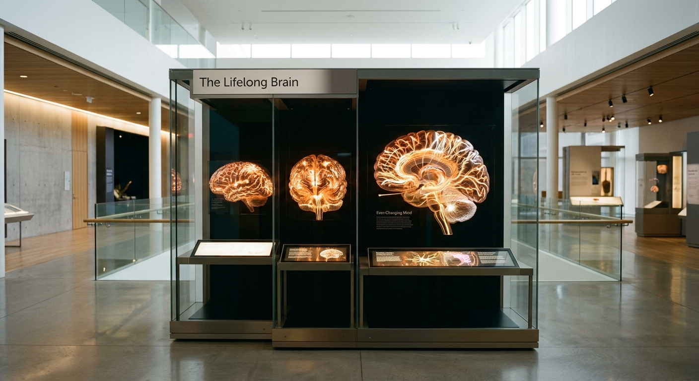 Exhibición de cerebro en museo de ciencia moderno con conexiones neuronales iluminadas
