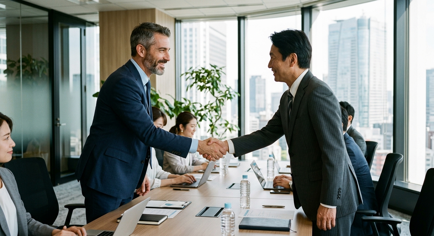 Castellano de 40 años estrechando mano con empresario japonés en oficina moderna de Tokio