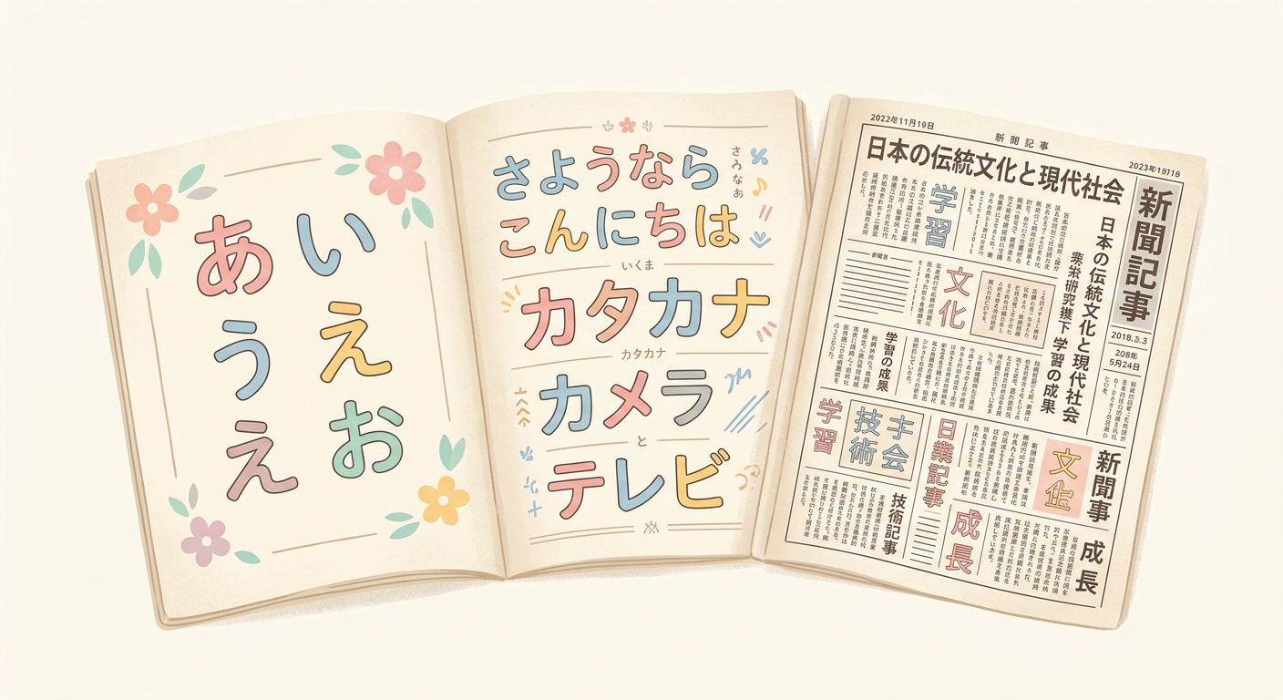 Ilustración de tres páginas de libro mostrando la progresión de hiragana a kanji