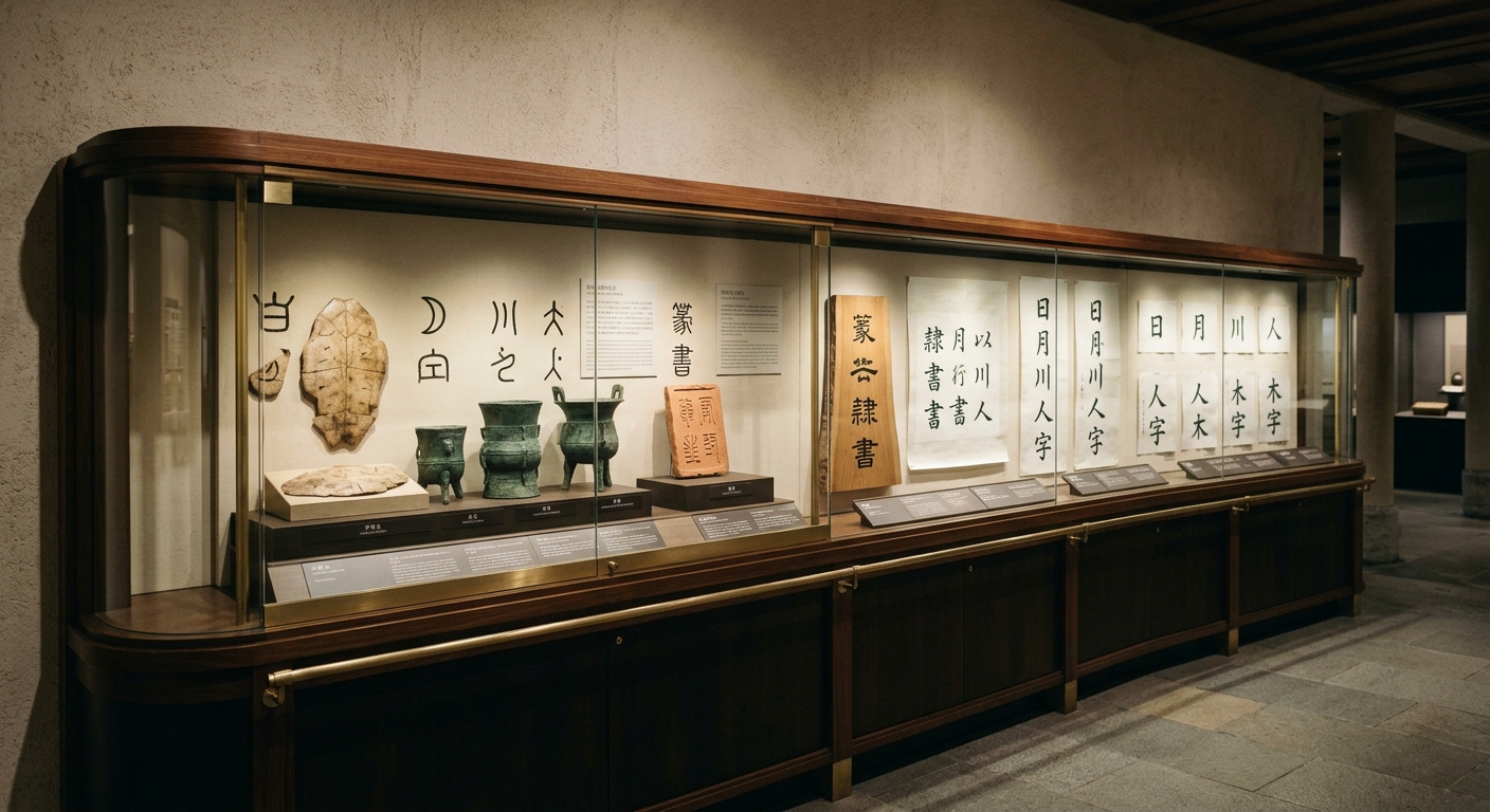 Exhibición en museo mostrando la evolución de caracteres kanji desde pictogramas antiguos