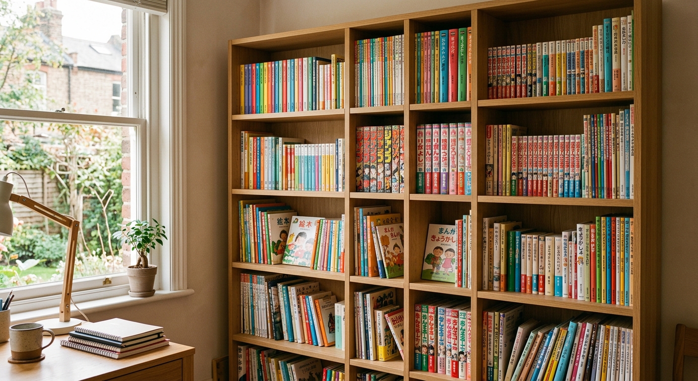 Estantería moderna con graded readers, manga y revistas japonesas de colores