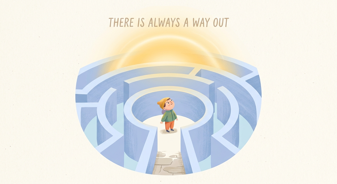 Ilustración de un personaje en un laberinto mirando hacia una luz dorada arriba