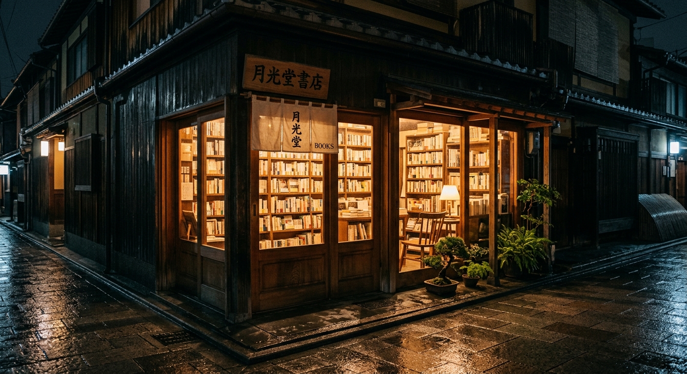 Librería japonesa iluminada por la noche con libros visibles a través de ventanas de cristal