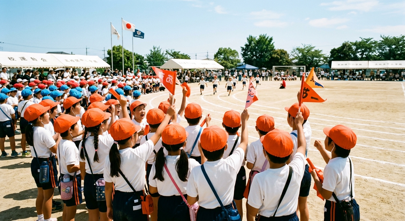Niños japoneses animando a su equipo en un día deportivo escolar