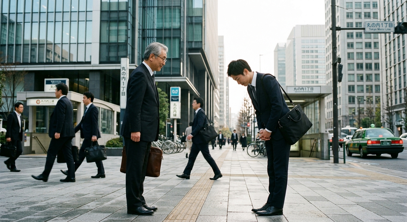 Joven empleado japonés haciendo una reverencia a un colega senior en un distrito empresarial