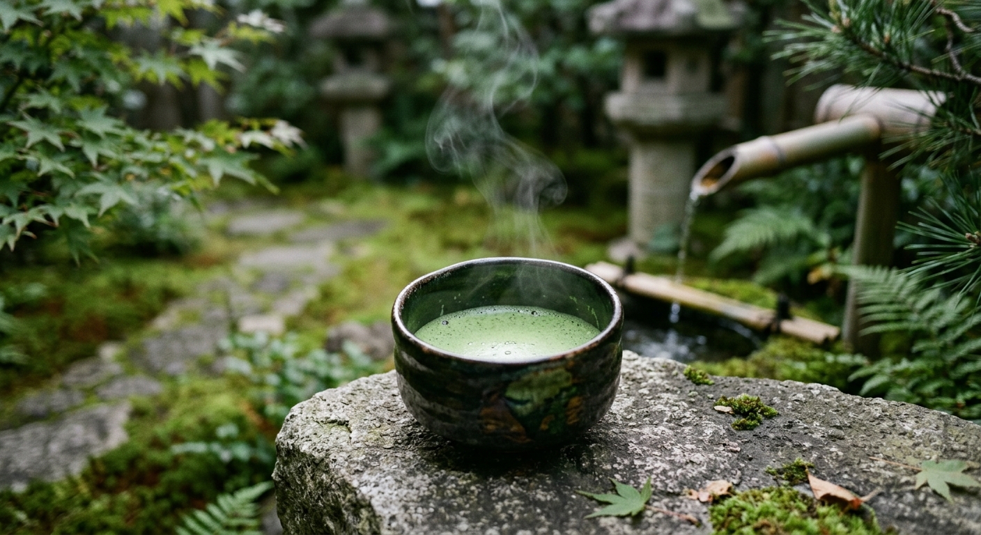 Taza de matcha sobre una piedra en un jardín japonés transmitiendo hospitalidad silenciosa