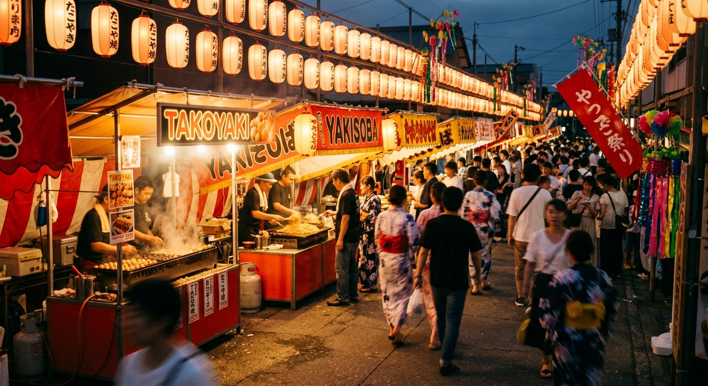 Calle de puestos de comida en un festival de verano japonés con farolillos de papel