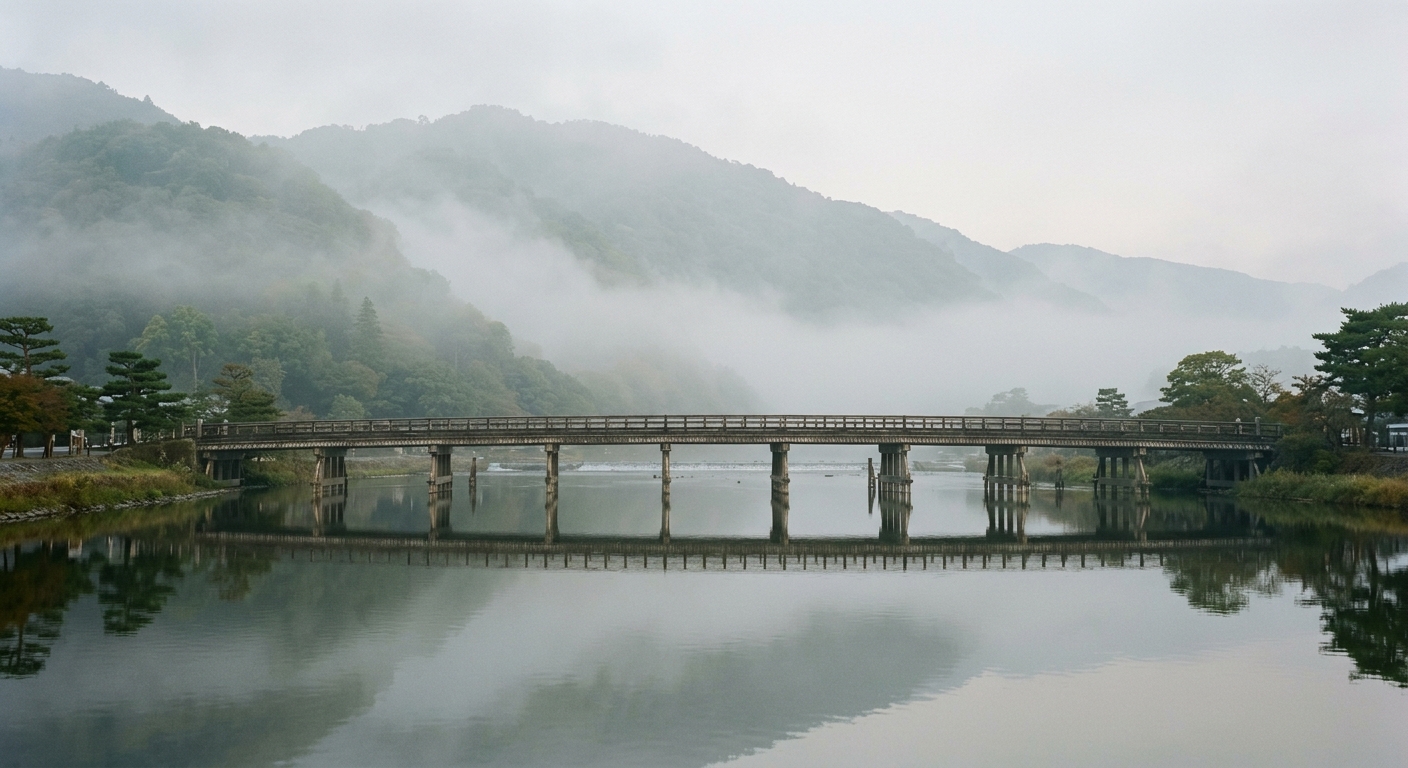 Puente Togetsukyo de Arashiyama en Kioto entre la niebla matutina