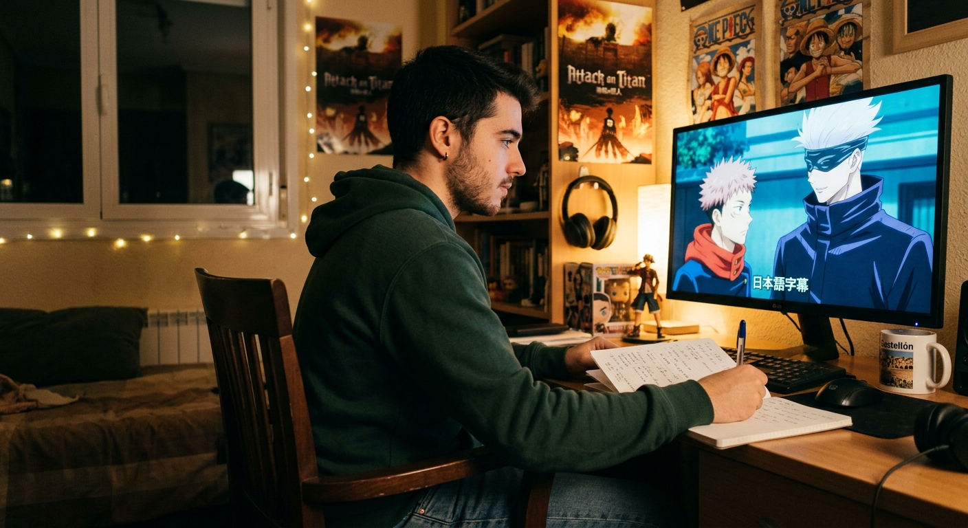 Joven castellano viendo anime con subtítulos japoneses y tomando notas