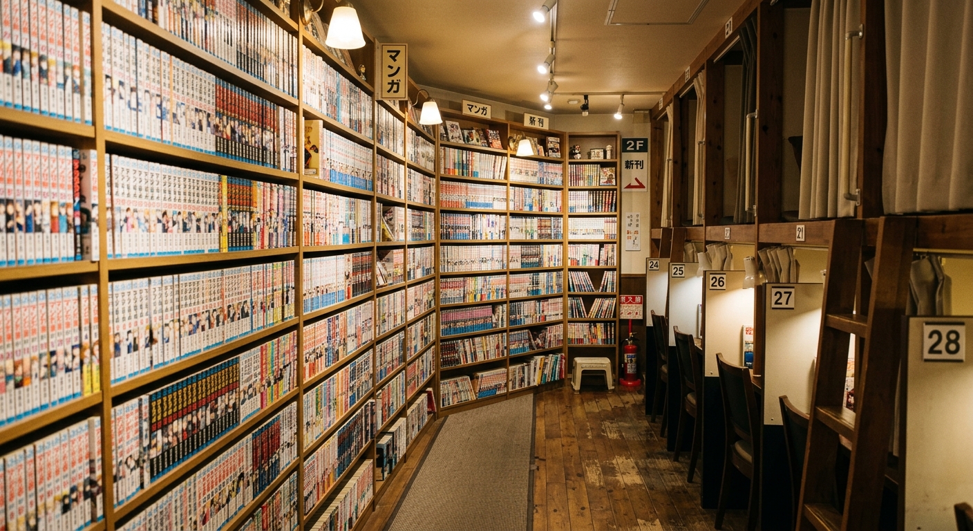 Interior de manga café japonés con estanterías llenas de manga