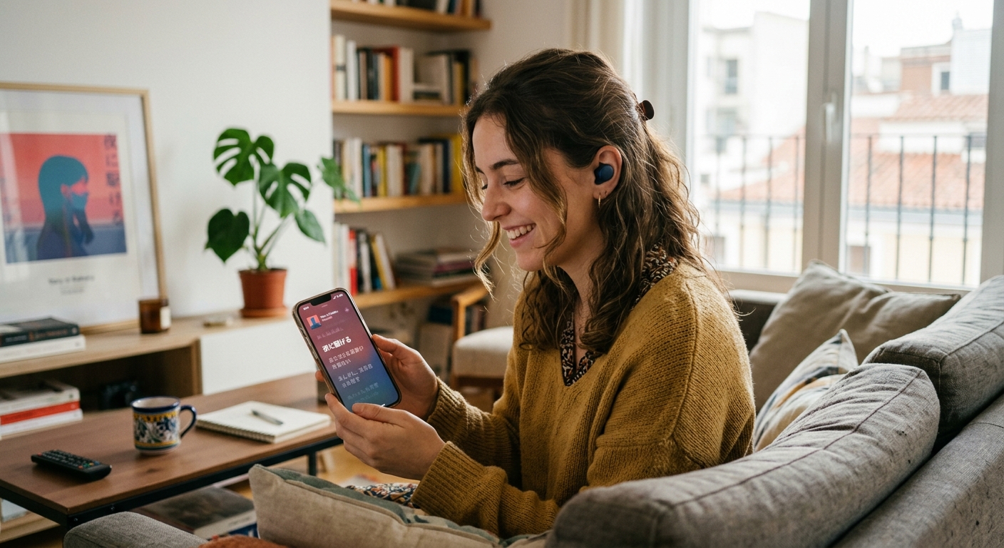 Joven castellana escuchando música japonesa con auriculares y leyendo letras en smartphone
