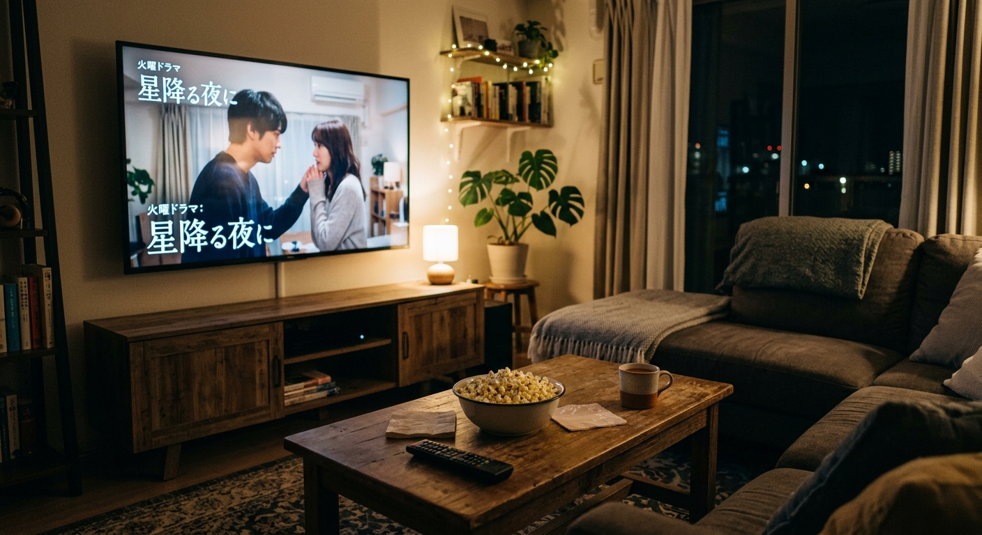 Sala de estar con TV mostrando drama japonés, palomitas y mando a distancia