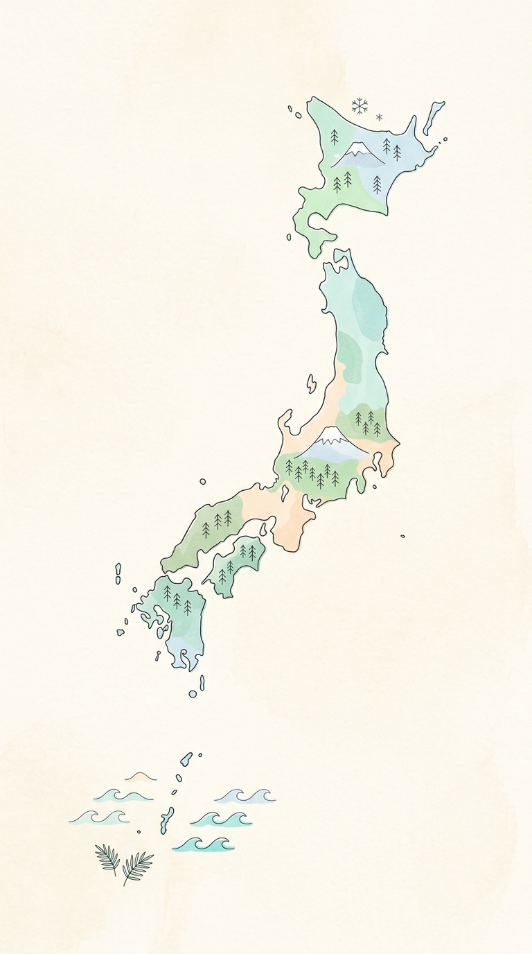 Ilustración minimalista del archipiélago japonés alargado de norte a sur, un archipiélago largo y diverso