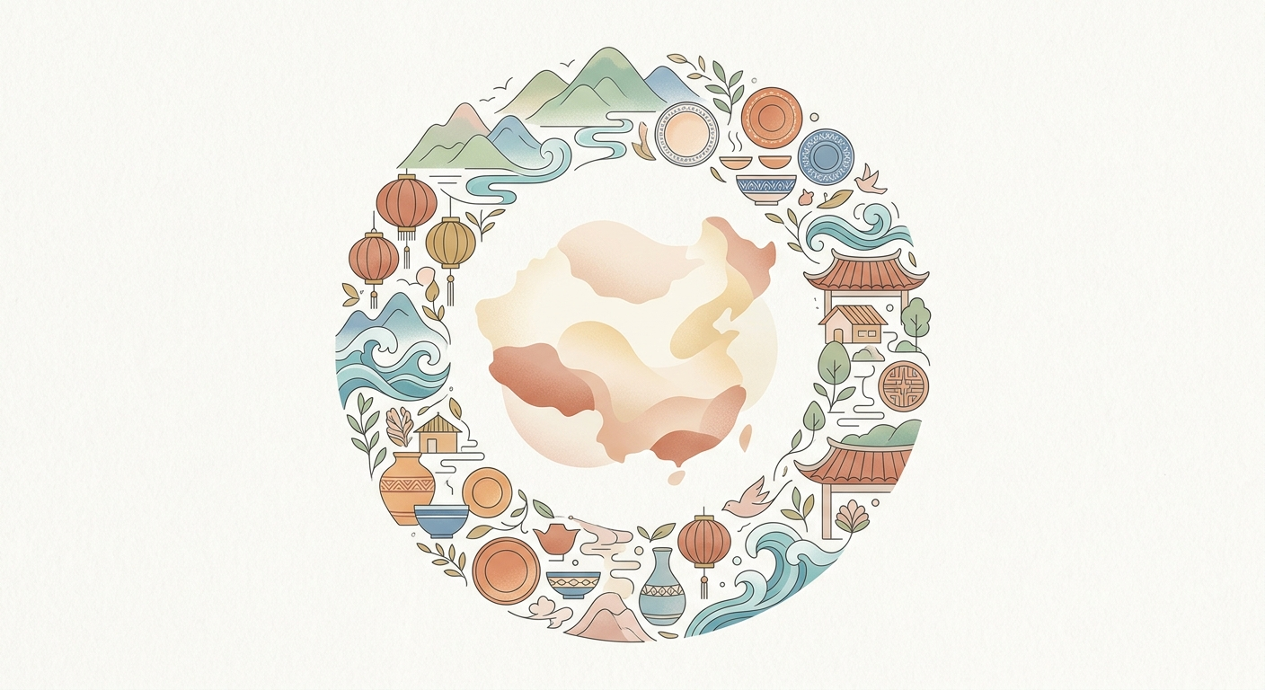Ilustración minimalista de motivos regionales formando un círculo armónico, un país mil rostros: la armonía en la diversidad