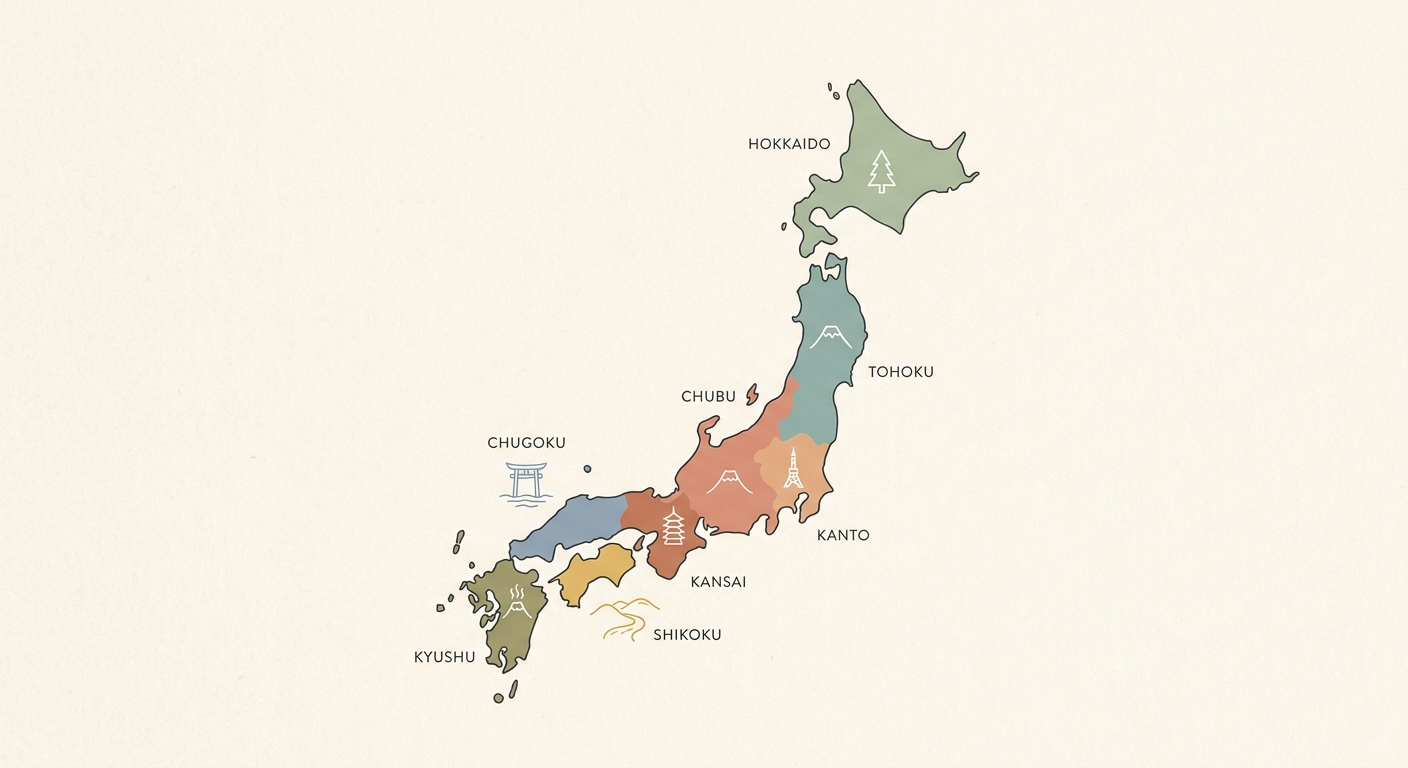 Ilustración minimalista de un mapa de Japón dividido en ocho regiones de colores, las ocho regiones de Japón