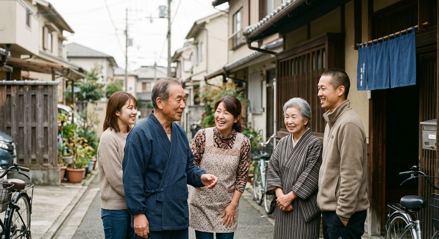 Vecinos japoneses conversando con calidez en un barrio, kenminsei: cuando la geografía moldea el carácter