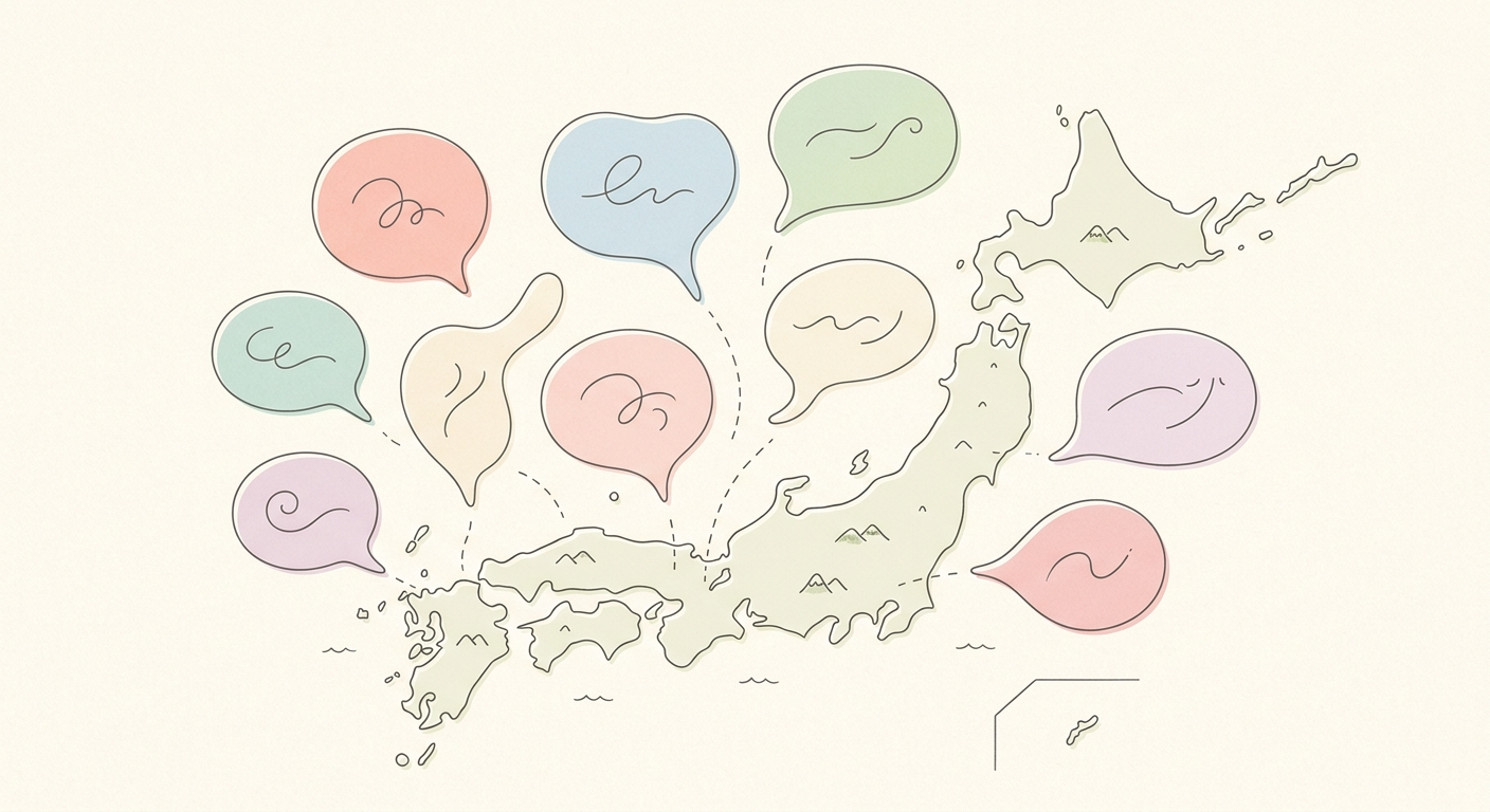 Ilustración minimalista de burbujas de diálogo sobre un mapa de Japón, la diversidad de los dialectos japoneses