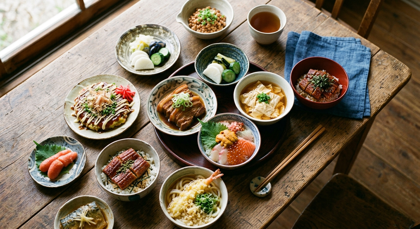 Variedad de platos regionales japoneses servidos sobre una mesa, comida regional: el sabor de cada tierra