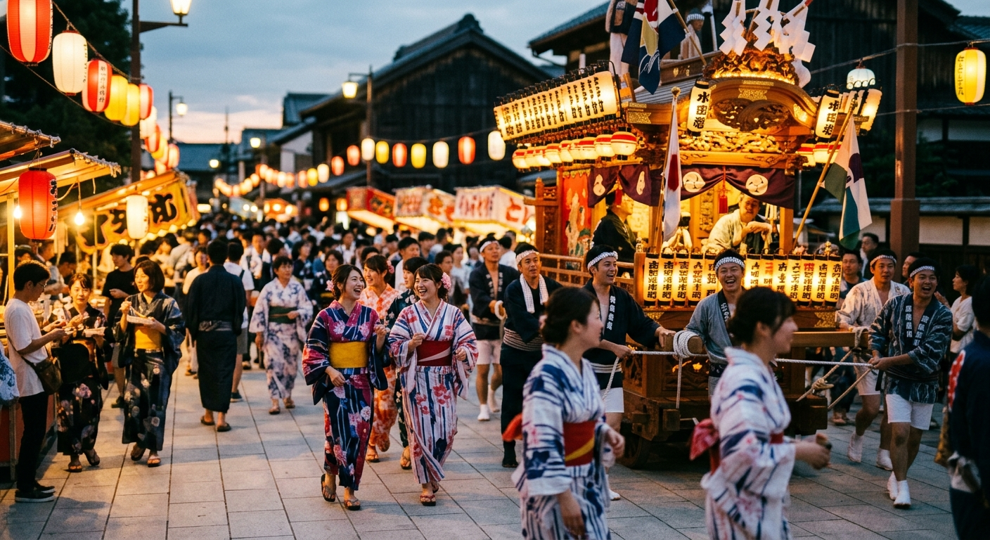Festival japonés con farolillos y carroza al atardecer, festivales: el alma de cada región