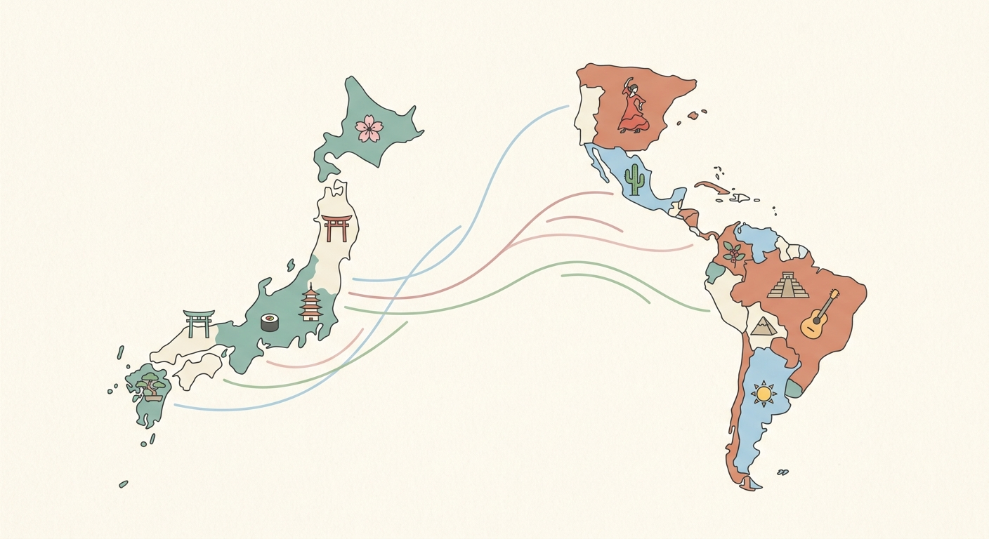 Ilustración minimalista comparando la diversidad regional de Japón y el mundo hispano, paralelismos sugerentes