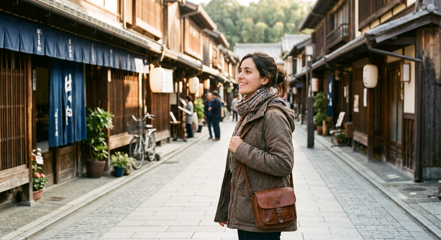Joven viajera hispanohablante explorando una pintoresca calle de un pueblo japonés, una invitación a explorar