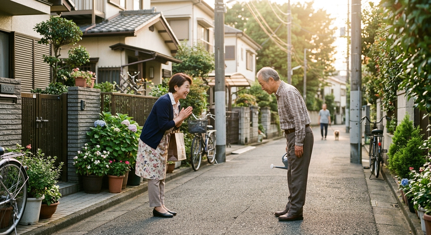 Vecinos japoneses saludándose en una calle residencial de Tokio por la mañana