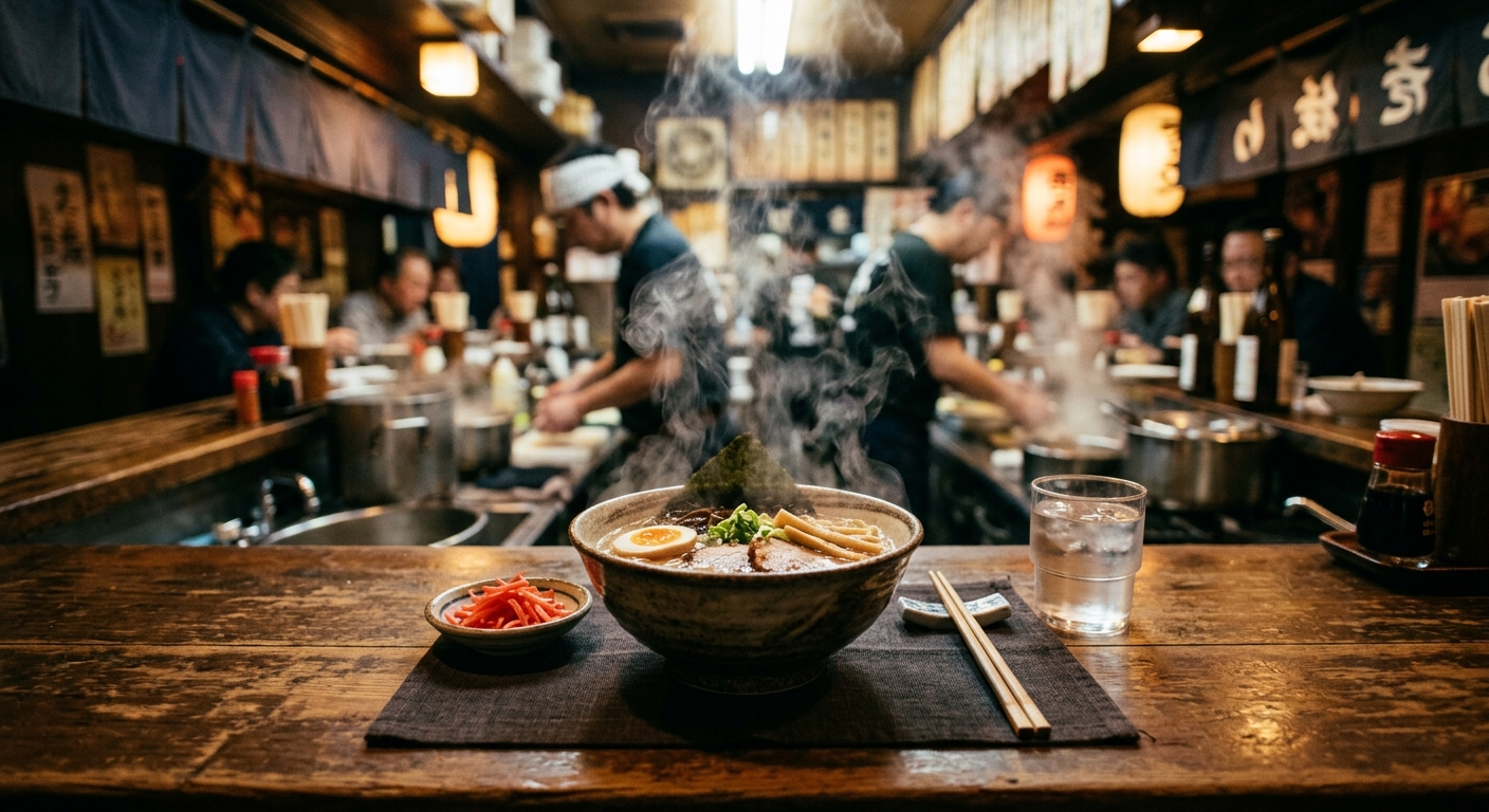 Mostrador de restaurante de ramen con un tazón humeante, palillos y un vaso de agua