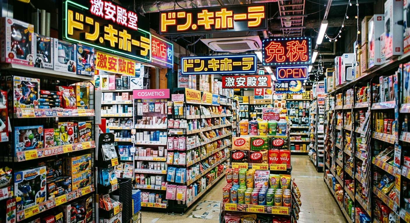 Interior colorido de una tienda Don Quijote con estantes llenos de productos