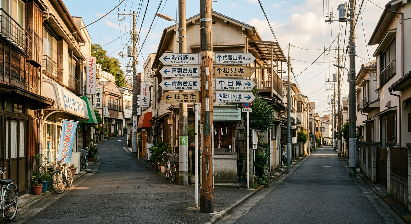 Intersección en una callejuela de Tokio con señales direccionales en japonés