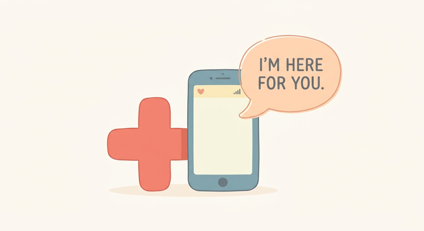 Ilustración minimalista de cruz roja, smartphone y burbuja de diálogo