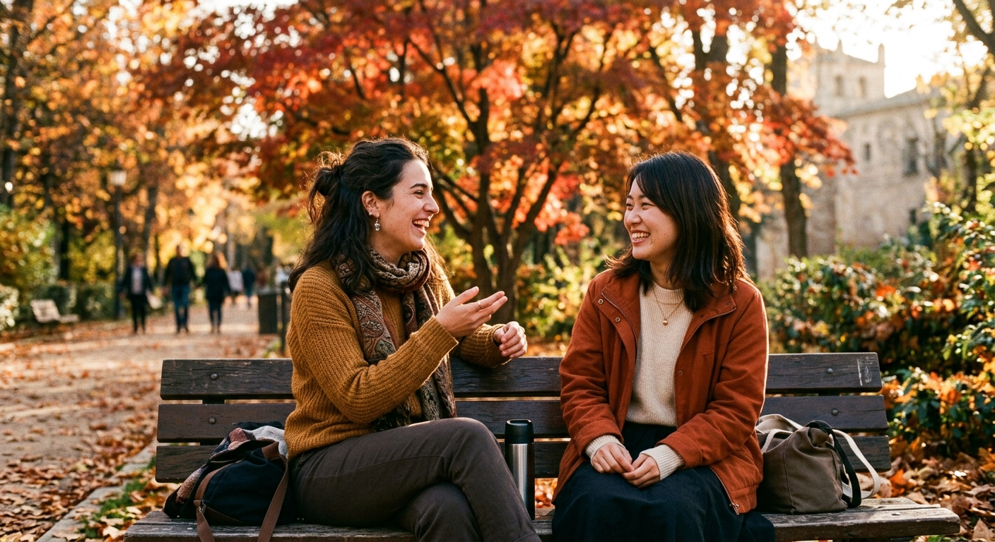 Joven castellana conversando con amiga japonesa en un banco de parque en otoño
