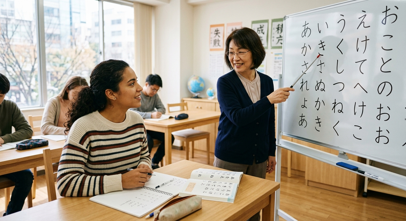 Joven castellana aprendiendo la tabla gojūon con profesora japonesa en aula moderna