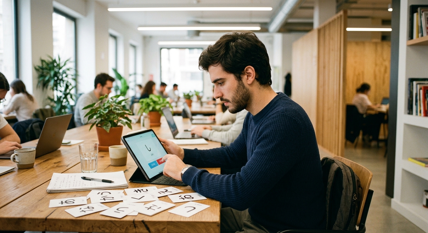 Joven castellano usando app de repetición espaciada con tarjetas de hiragana en coworking