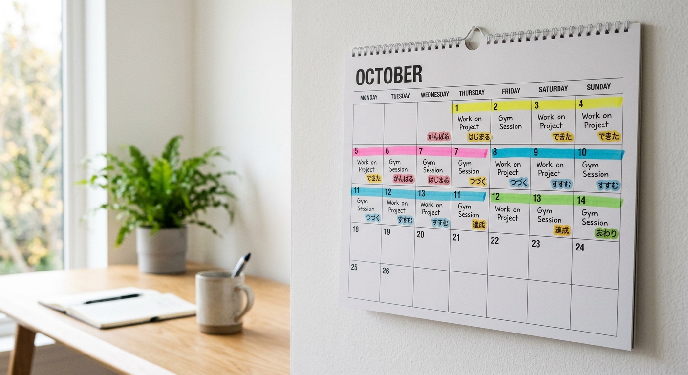 Calendario de pared con 14 días marcados y stickers de hiragana mostrando progreso