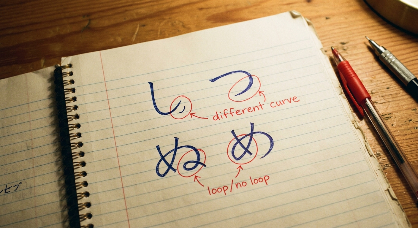 Cuaderno con caracteres し y つ, ぬ y め comparados y diferencias marcadas en rojo